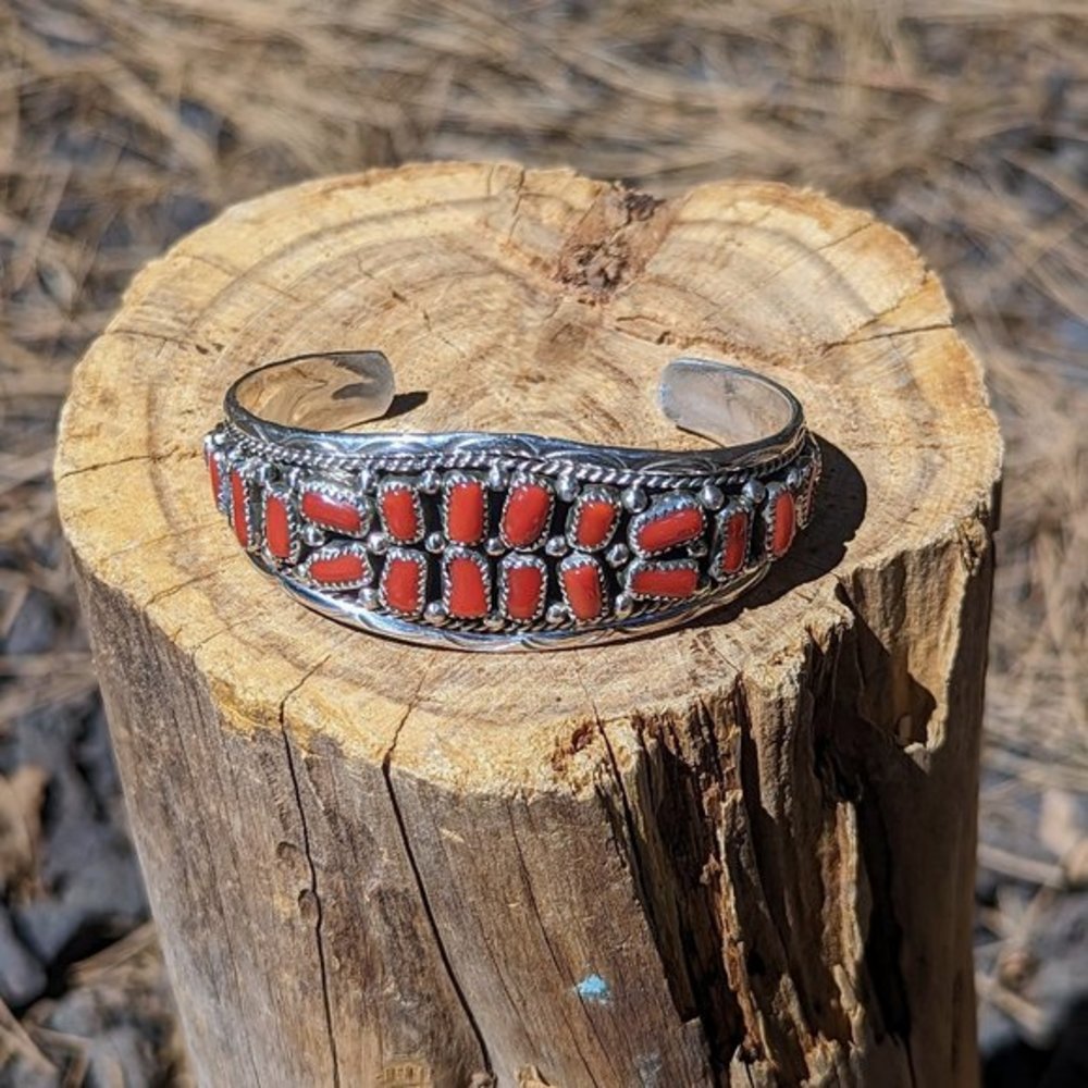 Navajo Bracelet Cluster Coral Jewelry Sterling Silver Native American Sz 6.5in** - Picture 3 of 10